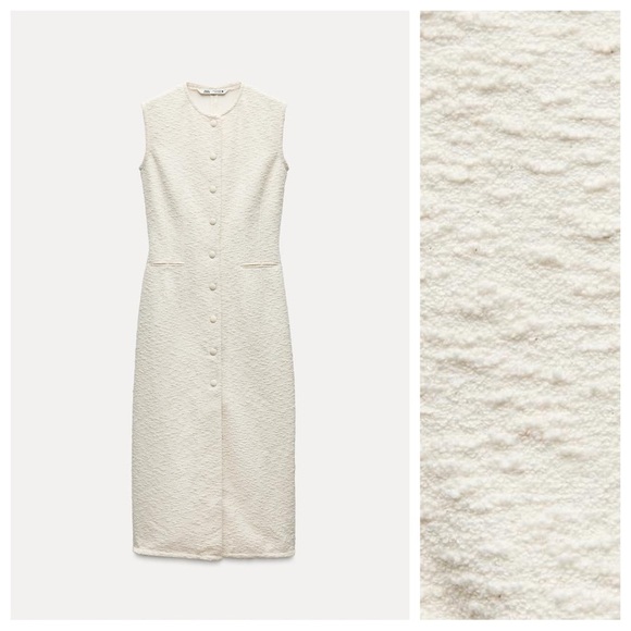NWT. Zara ZW Collection Ecru Cotton Blend Textured Shift Midi Dress. Size M. - Picture 6 of 14
